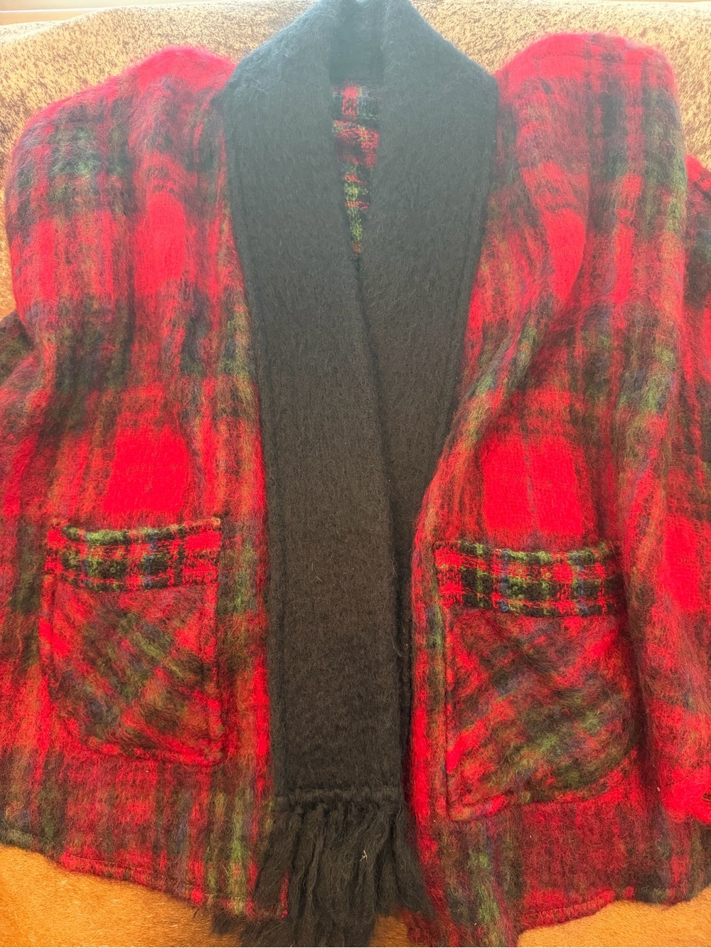 Vintage Red Tartan Plaid Wool Shawl Cardigan Jacket